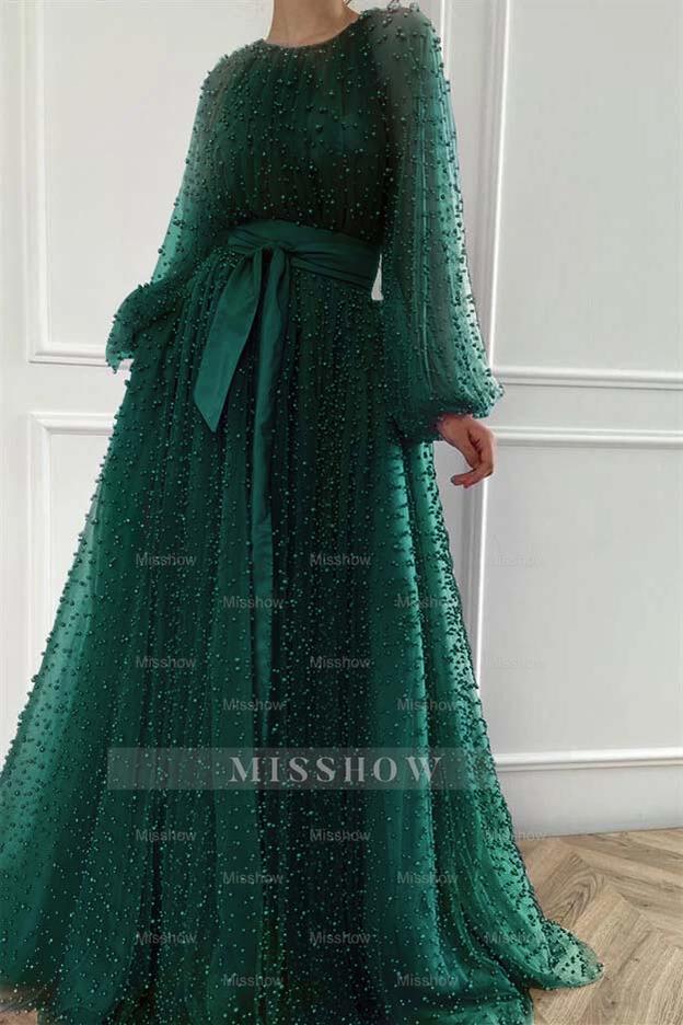 Long Sleeves Long Jewel Neck Formal Dress With Pleated Beading