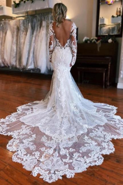 Long Sleeves Mermaid Wedding Dress with Overskirt