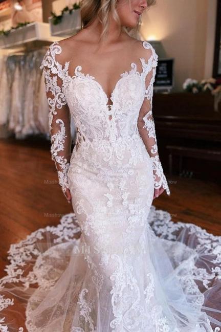 Long Sleeves Mermaid Wedding Dress with Overskirt