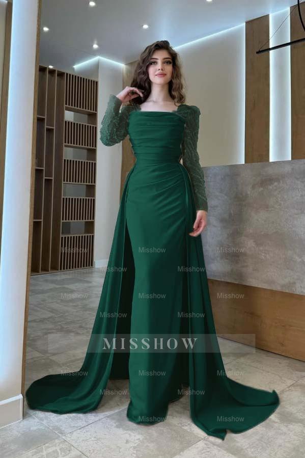 Long Sleeves Square Neck Long Mermaid Formal Dress With Pleated