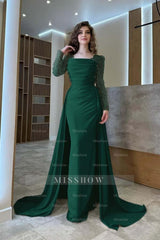 Long Sleeves Square Neck Long Mermaid Formal Dress With Pleated