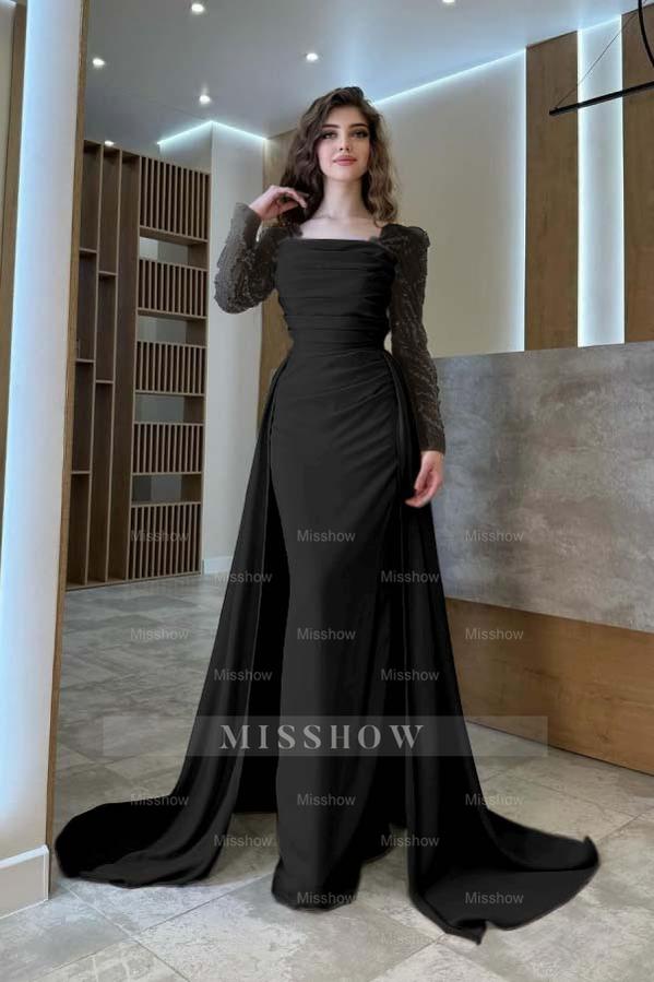 Long Sleeves Square Neck Long Mermaid Formal Dress With Pleated