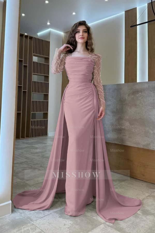 Long Sleeves Square Neck Long Mermaid Formal Dress With Pleated