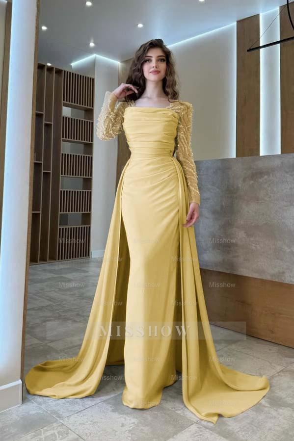 Long Sleeves Square Neck Long Mermaid Formal Dress With Pleated