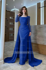 Long Sleeves Square Neck Long Mermaid Formal Dress With Pleated
