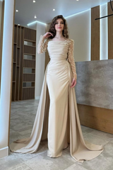 Long Sleeves Square Neck Long Mermaid Formal Dress With Pleated