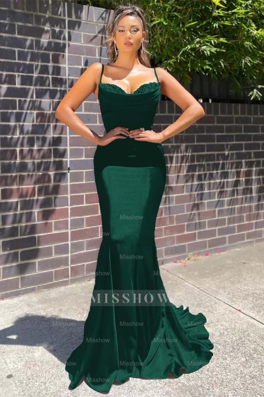 Long Spaghetti Strap Sleeveless Mermaid Ruffles Formal Dress With Beadings
