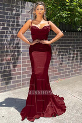 Long Spaghetti Strap Sleeveless Mermaid Ruffles Formal Dress With Beadings