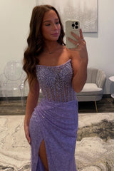 Long Strapless Lavender Corset Dress with Sparkly Sequins and Beading for Prom