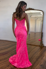 Long Strapless Mermaid Prom Dress in Hot Pink with Lace Corset and Slit