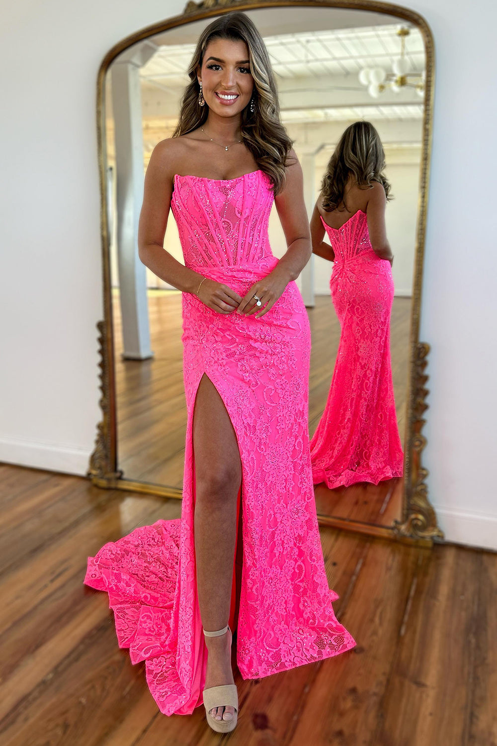 Long Strapless Mermaid Prom Dress in Hot Pink with Lace Corset and Slit Long Strapless Mermaid Prom Dress in Hot Pink with Lace Corset and Slit