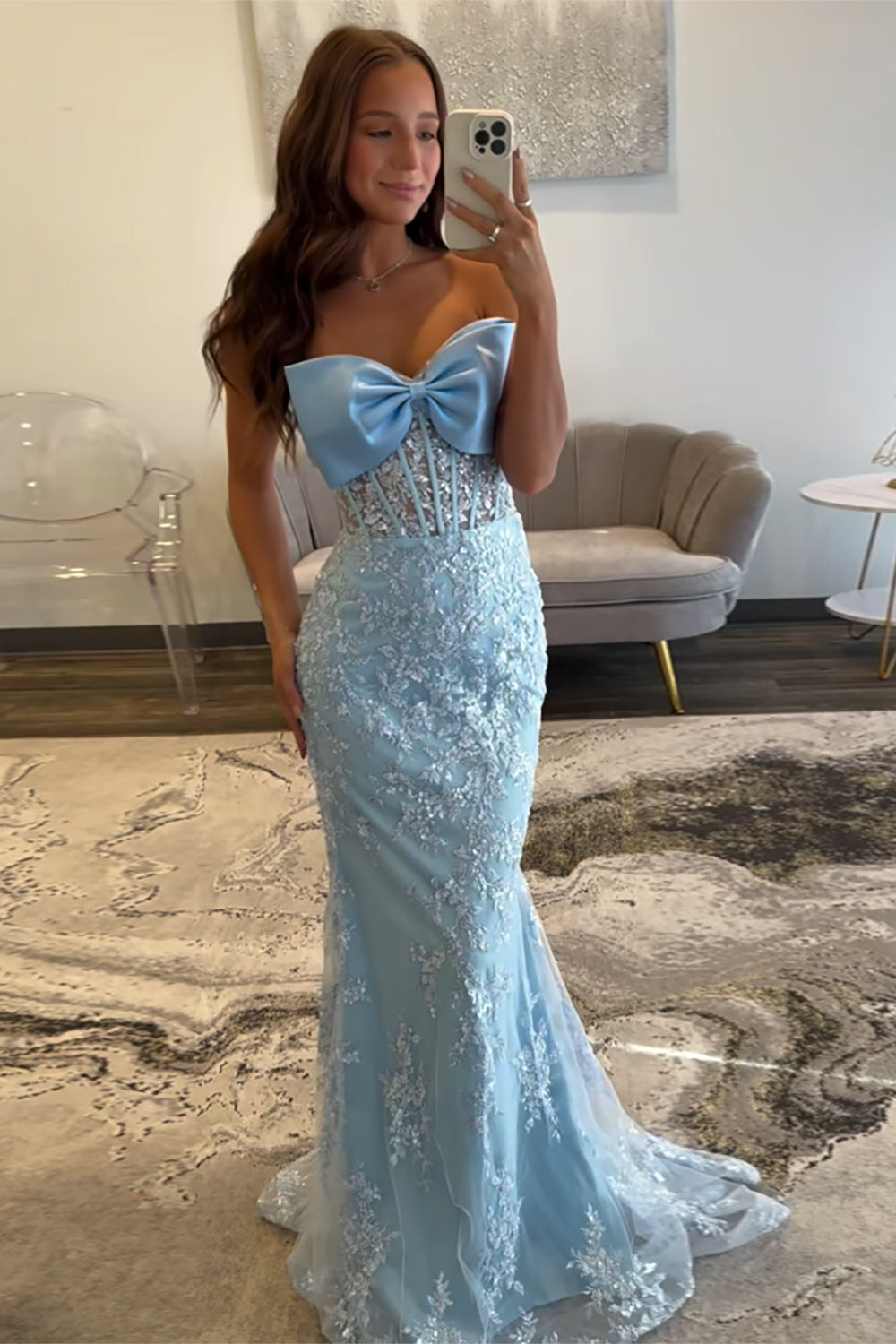 Long Strapless Prom Corset Dress in Sky Blue with Mermaid Appliques misshow.com Long Strapless Prom Corset Dress in Sky Blue with Mermaid Appliques misshow.com
