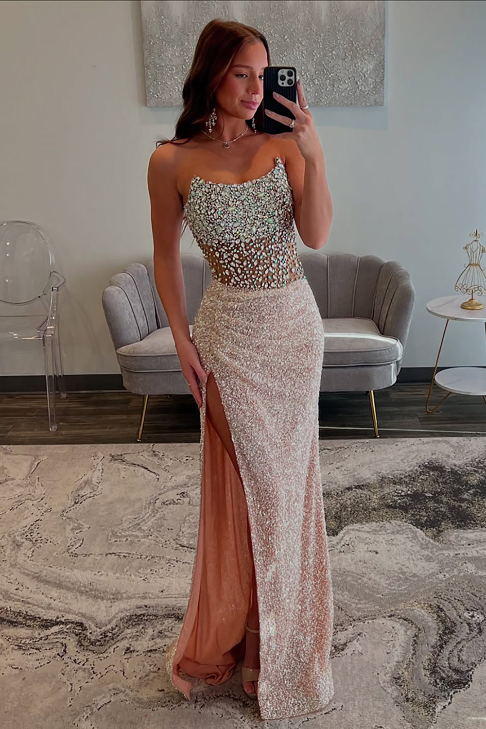 white christmas dresses Champagne Sequin Maxi Dress with Mesh Back main image 1