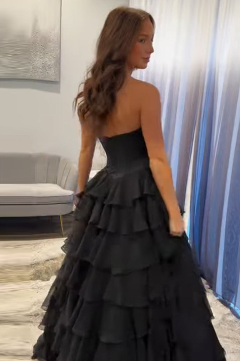 Long Sweetheart Corset Prom Dress in Black with A-Line Tiered Skirt and Slit
