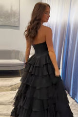 Long Sweetheart Corset Prom Dress in Black with A-Line Tiered Skirt and Slit