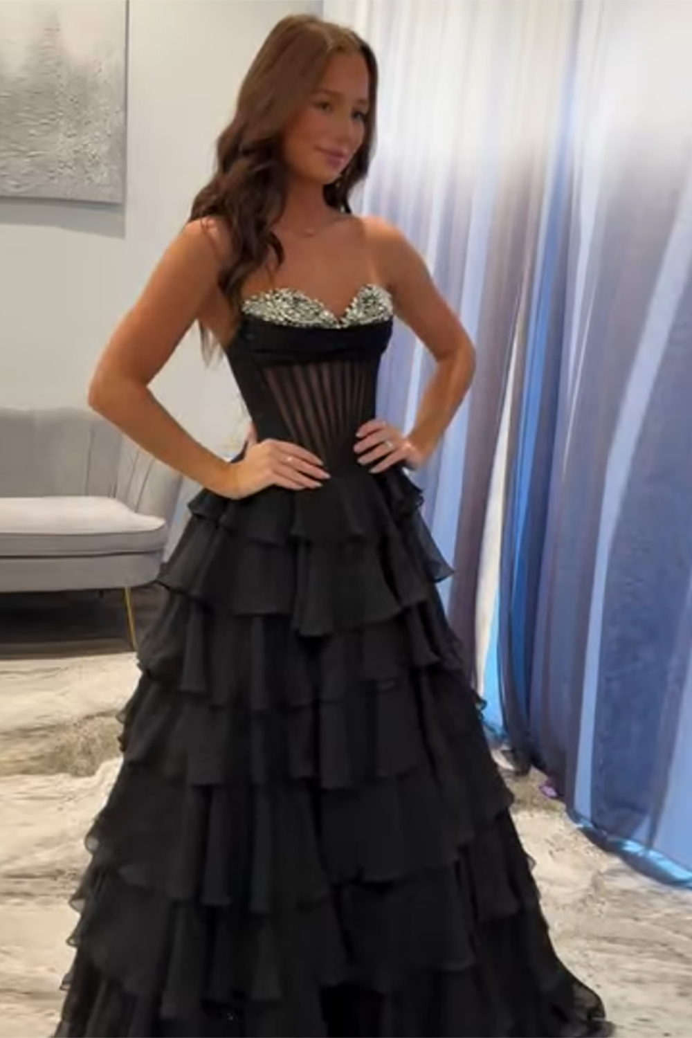 Long Sweetheart Corset Prom Dress in Black with A-Line Tiered Skirt and Slit