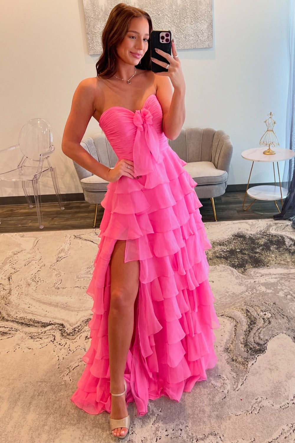 pink sweetheart neckline prom dress Fashion Pink Sweetheart Tiered Side Slit Appliques Prom Dress