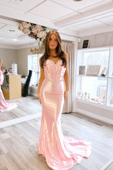 Lovely Long Pink Spaghetti Straps Sleeveless Backless Mermaid Prom Dress with Rhinestones