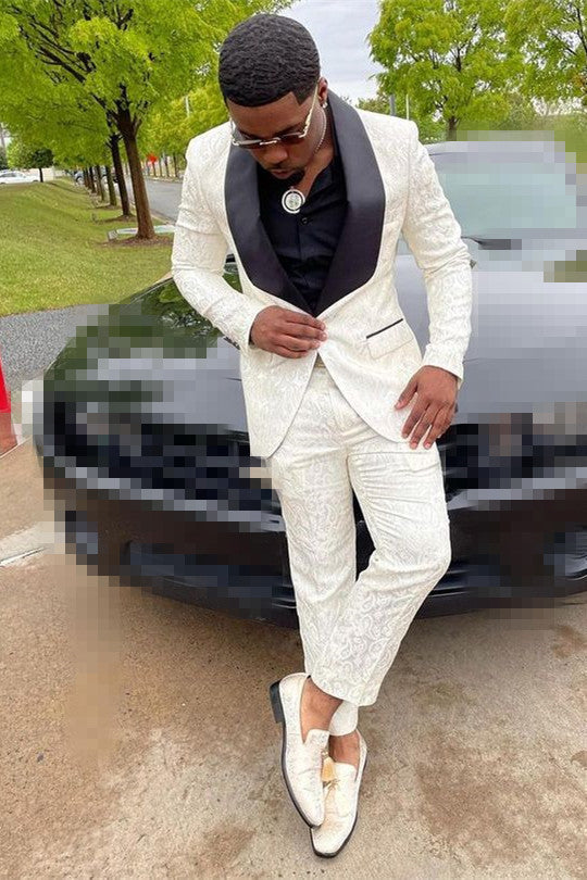 Luke White Jacquard One Button Slim Fit Fashion Wedding Tuxedo misshow