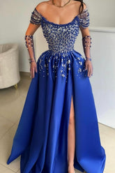 Luxurious A-Line Satin Scoop Sleeveless Prom Evening Dresses With Split Front