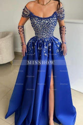 Luxurious A-Line Satin Scoop Sleeveless Prom Evening Dresses With Split Front