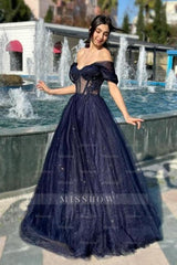 Luxurious A-Line Tulle Off-The-Shoulder Sleeveless Prom Evening Dresses With Appliques