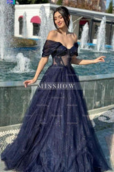Luxurious A-Line Tulle Off-The-Shoulder Sleeveless Prom Evening Dresses With Appliques