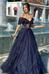 Luxurious A-Line Tulle Off-The-Shoulder Sleeveless Prom Evening Dresses With Appliques