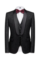 Luxurious Black Jacquard Shawl Collar Three-Piece Groom's Suit