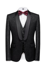 Luxurious Black Jacquard Shawl Collar Three-Piece Groom's Suit