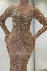 Luxurious Champagne Mermaid V-Neck Beaded Long Sleeve Prom Evening Dresses With Pearls And Rhinestone