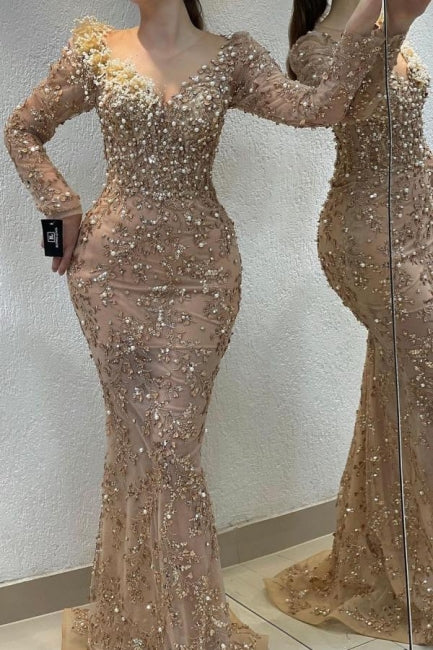 Luxurious Champagne Mermaid V-Neck Beaded Long Sleeve Prom Evening Dresses With Pearls And Rhinestone