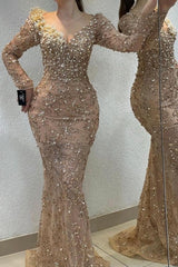 Luxurious Champagne Mermaid V-Neck Beaded Long Sleeve Prom Evening Dresses With Pearls And Rhinestone