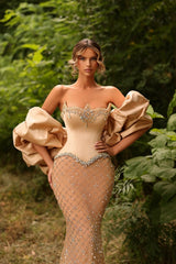 Luxurious Champagne Off-The-Shoulder Puff Sleeves Mermaid Formal Dress with Rhinestones