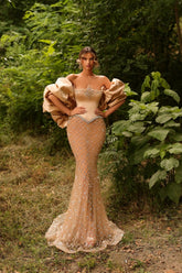 Luxurious Champagne Off-The-Shoulder Puff Sleeves Mermaid Formal Dress with Rhinestones