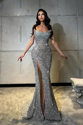 Luxurious Column Sequined Sleeveless Prom Evening Dresses With Split