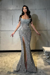 Luxurious Column Sequined Sleeveless Prom Evening Dresses With Split