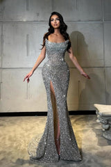 Luxurious Column Sequined Sleeveless Prom Evening Dresses With Split