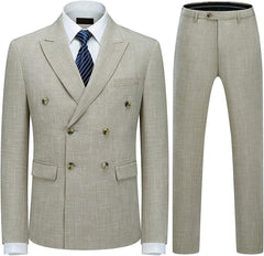 Luxurious Light Khaki Double Breasted Plaid Business Suit for Men