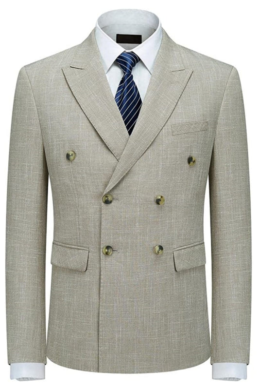 Luxurious Light Khaki Double Breasted Plaid Business Suit for Men