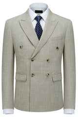 Luxurious Light Khaki Double Breasted Plaid Business Suit for Men