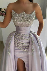 Luxurious Lilac A-Line Strapless Sleeveless Beaded Front Split Panel Train Satin Prom Dresses With Rhinestones