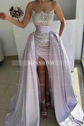 Luxurious Lilac A-Line Strapless Sleeveless Beaded Front Split Panel Train Satin Prom Dresses With Rhinestones