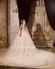 Luxurious Long A-line Off-the-shoulder Lace Beading Wedding Dress
