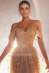 Luxurious Long A-line Off-the-shoulder Tulle Beading Sleeveless Prom Evening Dresses