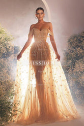 Luxurious Long A-line Off-the-shoulder Tulle Beading Sleeveless Prom Evening Dresses