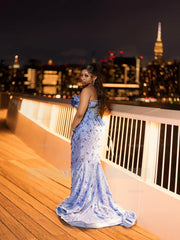 Luxurious Long Blue Strapless Sleeveless Mermaid Prom Dress with Sequins and Rhinestones