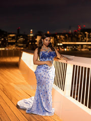 Luxurious Long Blue Strapless Sleeveless Mermaid Prom Dress with Sequins and Rhinestones