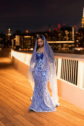 Luxurious Long Blue Strapless Sleeveless Mermaid Prom Dress with Sequins and Rhinestones