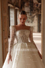 Luxurious Long Ivory A-line Square Neck Lace Beading Wedding Dress with Long Sleeves